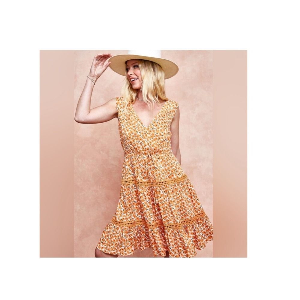 BiBi Floral‎ Small Mini Dress Sleeveless V Neck Drawstring Waist Orange Crochet